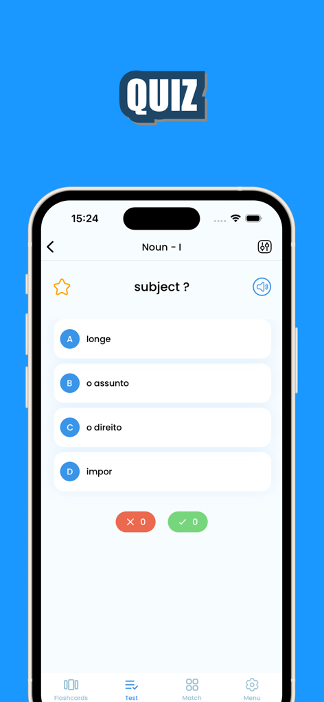 Learn Portuguese • - A multiple choice quiz screen in the Learn Portuguese app asking to translate the word subject into Portuguese