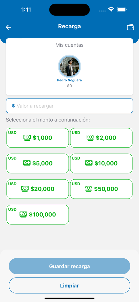 Biofood Service - Biofood Service app interface for recharging a cafeteria account balance with several dollar amount options