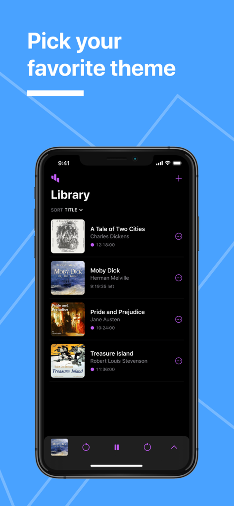Library screen of Bound Audiobook Player app in dark mode featuring a list of classic books