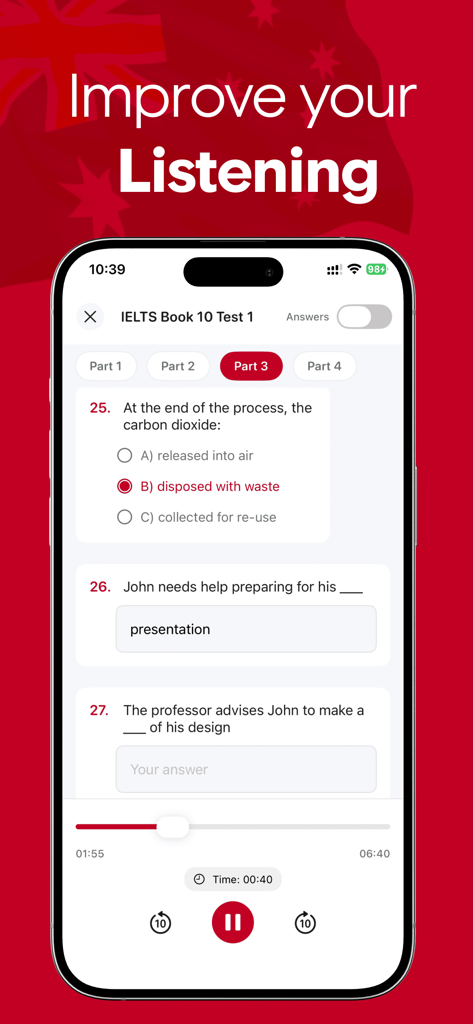 IELTS Prep App interface showing a listening test practice session with multiple-choice questions and an audio player.