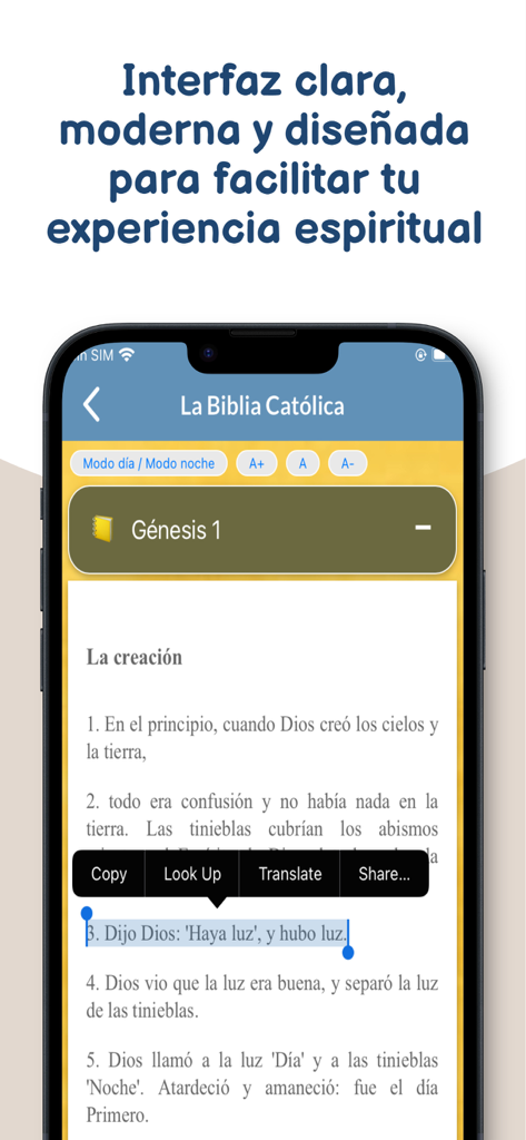 La Biblia Latinoamericana. - Pantalla de lectura de la app de la Biblia Católica en español mostrando texto del Génesis y configuraciones de personalización