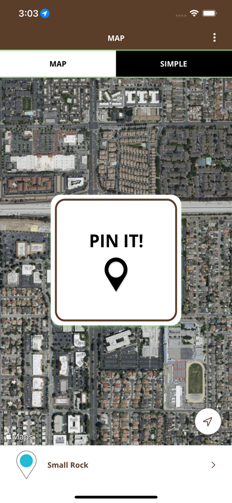 Pinpoint Perfect - Satellite map view in the Pinpoint Perfect app featuring a large central Pin It button and a marked location for a small rock.