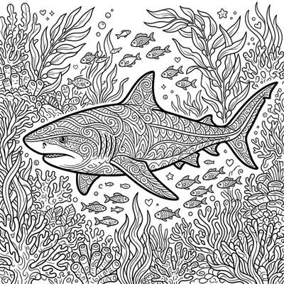 Dive into the serene beauty of the ocean with this exquisite tiger shark coloring page, perfectly crafted for adults. Its complex patterns and detailed marine setting promise a captivating and calming creative experience.