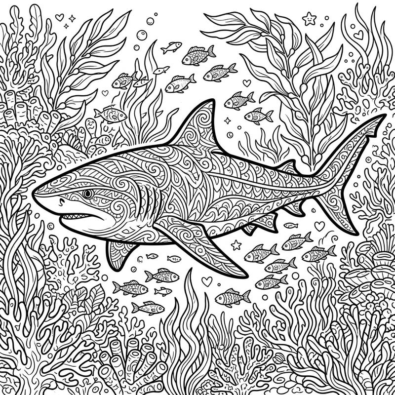 Dive into the serene beauty of the ocean with this exquisite tiger shark coloring page, perfectly crafted for adults. Its complex patterns and detailed marine setting promise a captivating and calming creative experience.