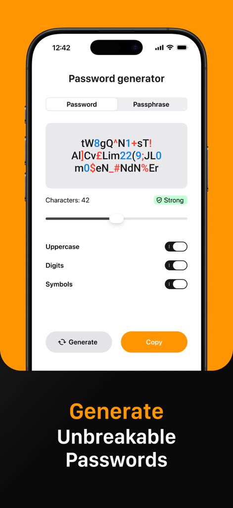 SafeInCloudアプリのインターフェース。強力で壊れないパスワードを作成するためのパスワードジェネレーター機能を表示