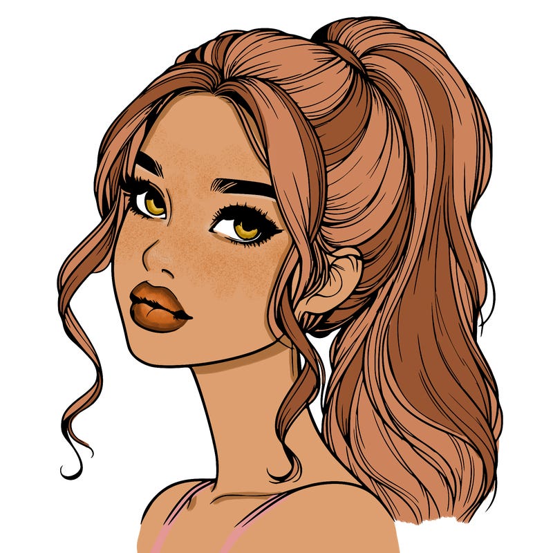 realistic girl with a ponytail on her hair and lips