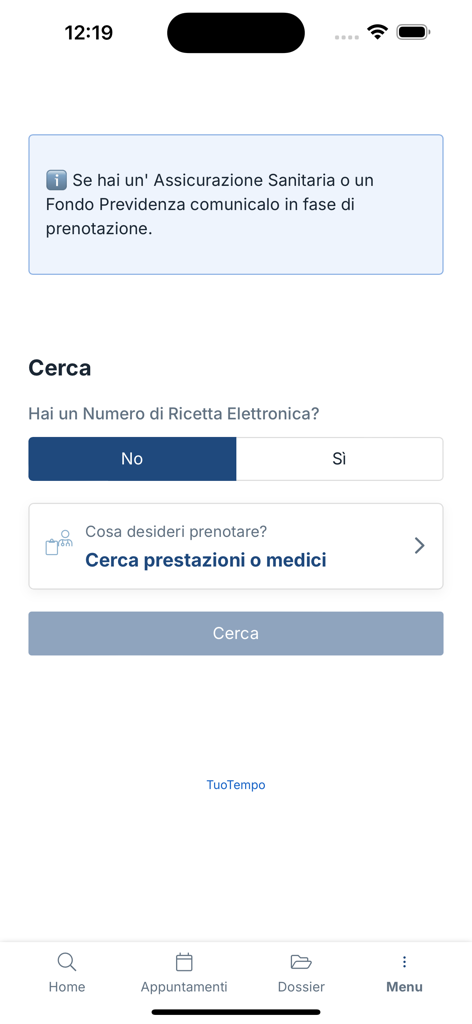 Schermata di ricerca per servizi medici e medici nell'app Sacro Cuore