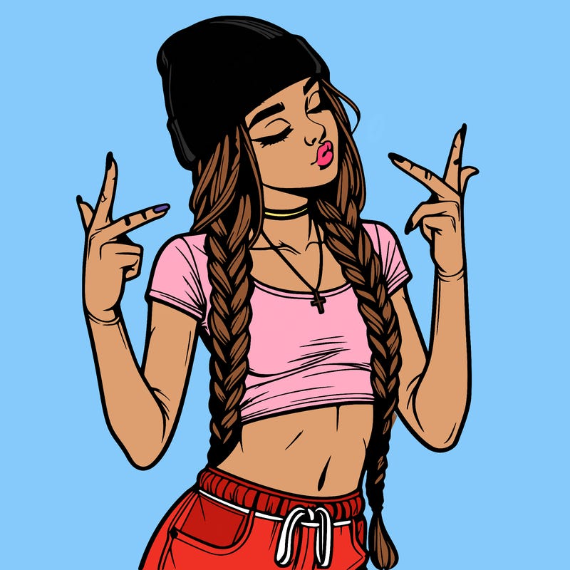 realistic teenage girl with braids and a beanie and crop top doing 🫶🏼