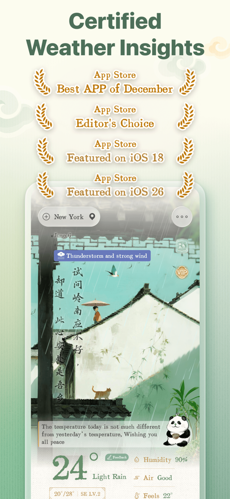 Panda Weather - Panda Weather app screen featuring Chinese ink painting illustrations and App Store editor choice awards