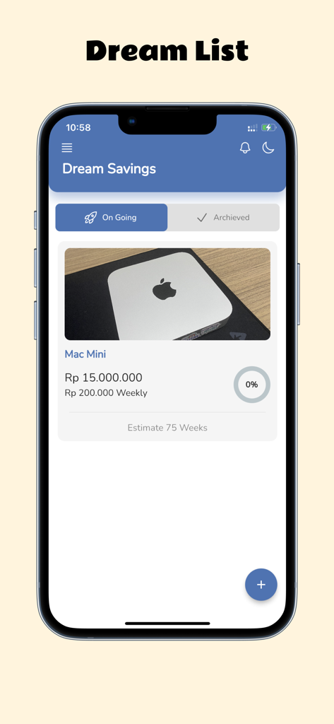 Écran de liste d'objectifs d'épargne pour un rêve dans l'application Tabungan Impian, montrant un objectif d'épargne pour un Mac Mini avec suivi des progrès.