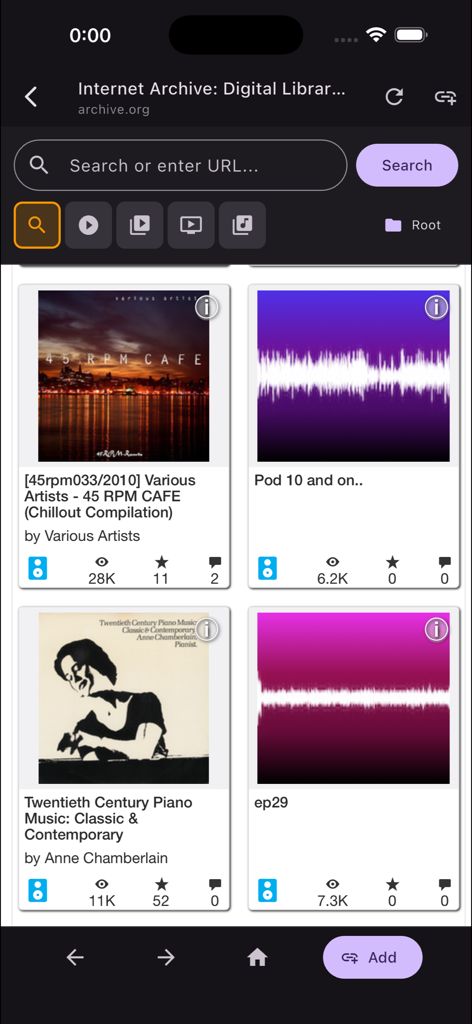 QuickPlayer - Music & Video - QuickPlayer app showing search results for digital music and audio from the Internet Archive.