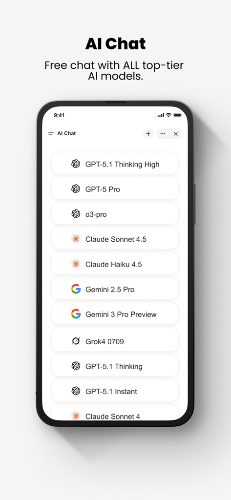 Genspark AI Workspaceアプリインターフェース。無料チャット用にGPT Claude Gemini GrokなどのトップティアAIモデルのリストが表示されています。