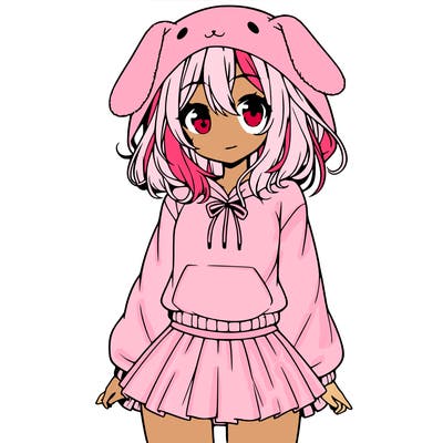 pretty anime girl wearing a fluffy hoodie with bunny ears on the hood and a skirt