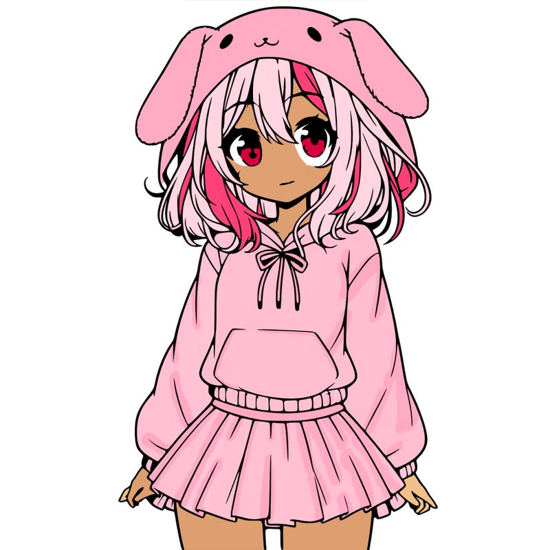 pretty anime girl wearing a fluffy hoodie with bunny ears on the hood and a skirt
