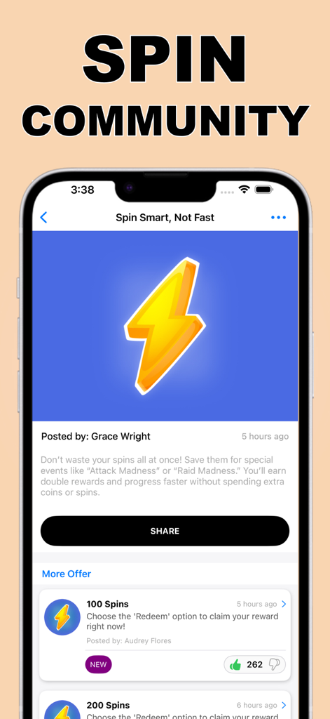 Spin Link Coin Spins- SpinLink - Spin Link app interface showing community gaming tips and free spin reward offers