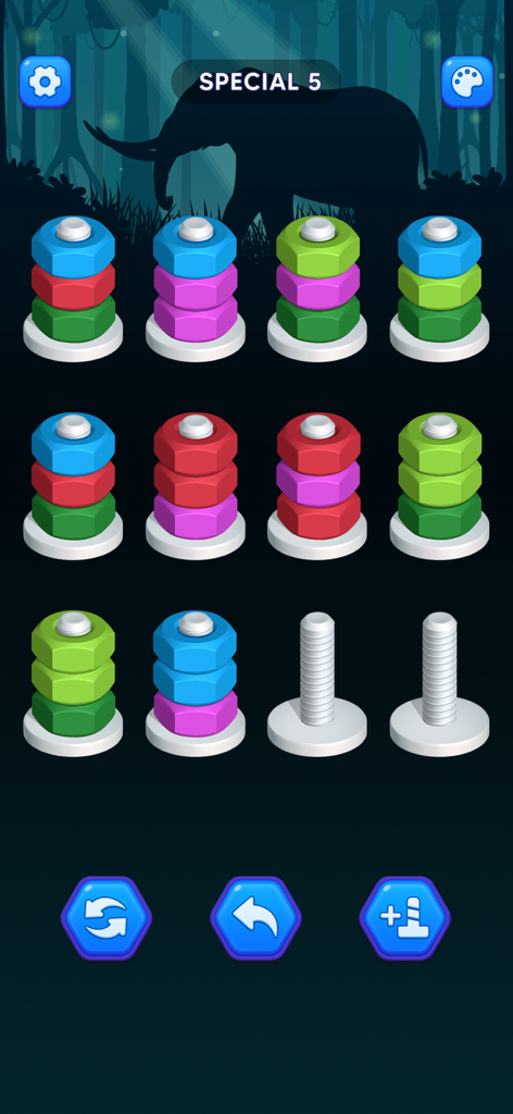 Gameplay screenshot of Nut Sort showing colorful nuts stacked on bolts in a special level with an elephant background silhouette
