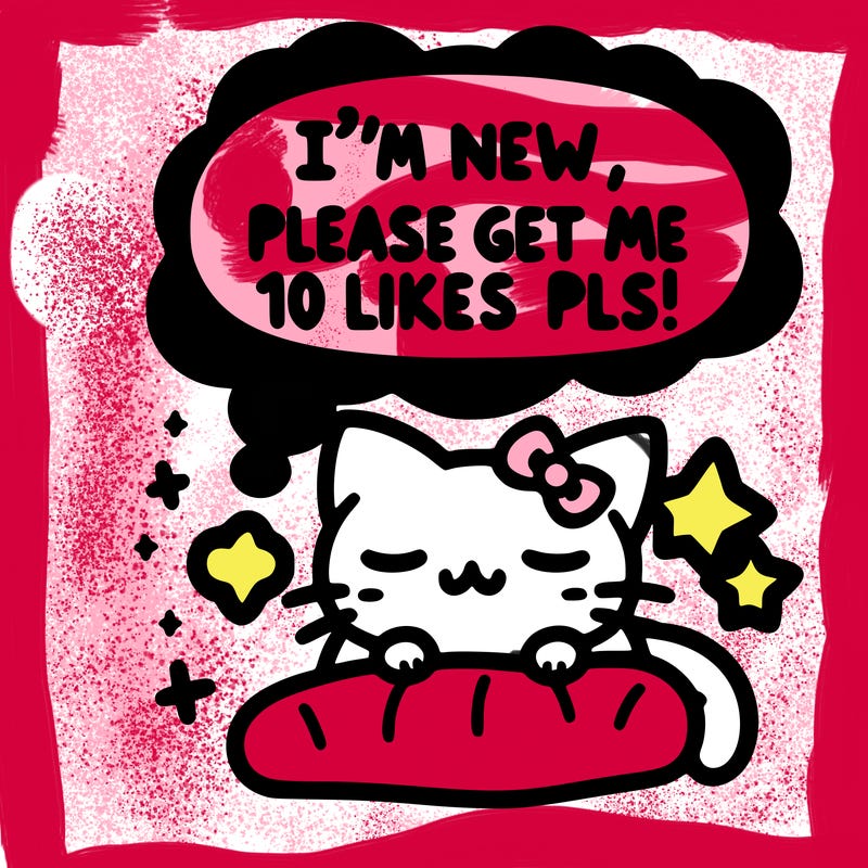 kitty taking a nap dream talking and saying "i'm new, please get me at least 10 likes pls!!"