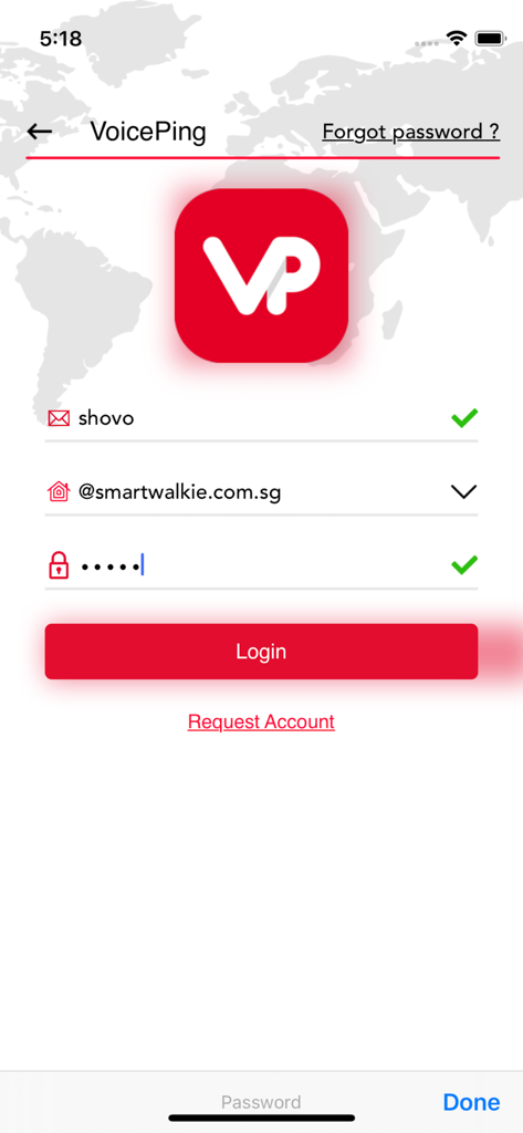 VoicePing - Login screen of the VoicePing walkie talkie app showing sign in fields and logo