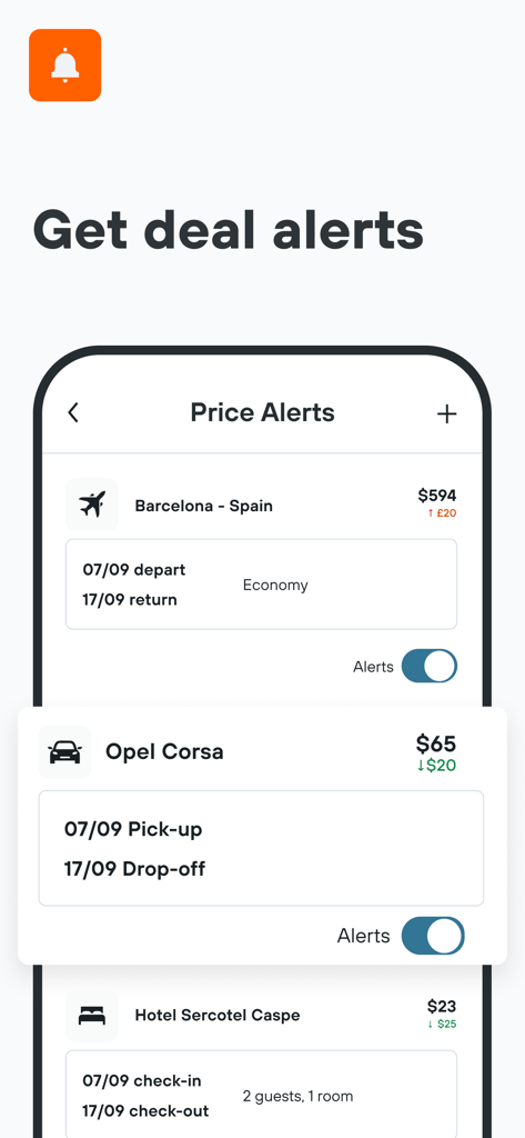 Interface da tela de alertas de preço do aplicativo KAYAK mostrando notificações de ofertas de voos, aluguel de carros e hotéis