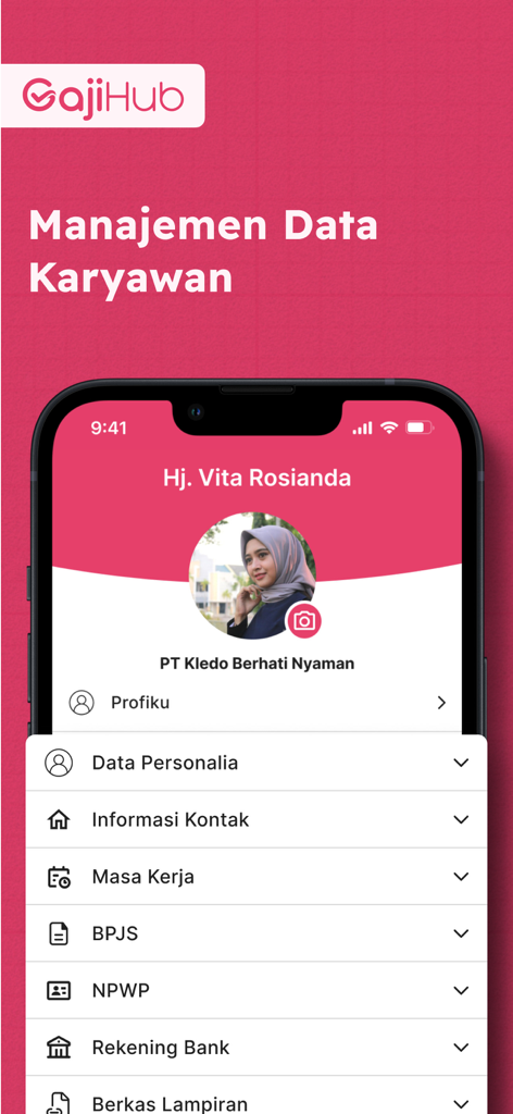 Gajihub - Payroll & Absensi - Interface do aplicativo móvel Gajihub mostrando o perfil do funcionário e o menu de gerenciamento de dados pessoais