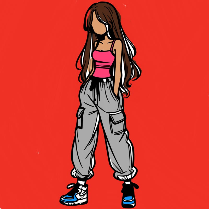 girl in baggy pants crop top and long hair