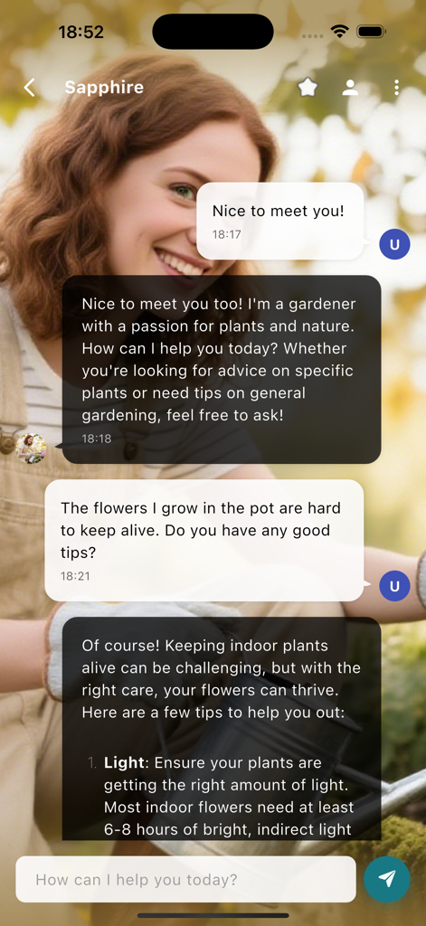 Glee - Interactive Stories - GleeアプリでガーデニングのアドバイスをするキャラクターサファイアとのインタラクティブAIチャット