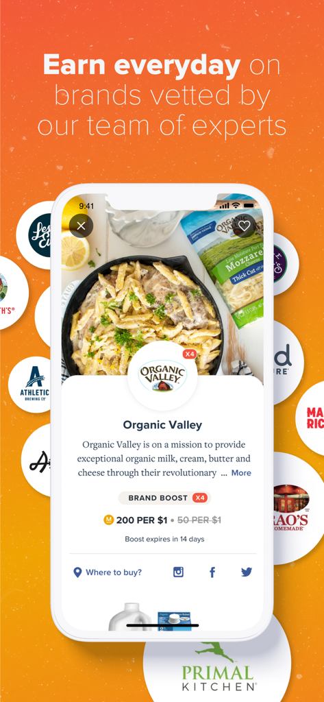 Merryfield app showing rewards and bonus points for expert vetted healthy brands like Organic Valley