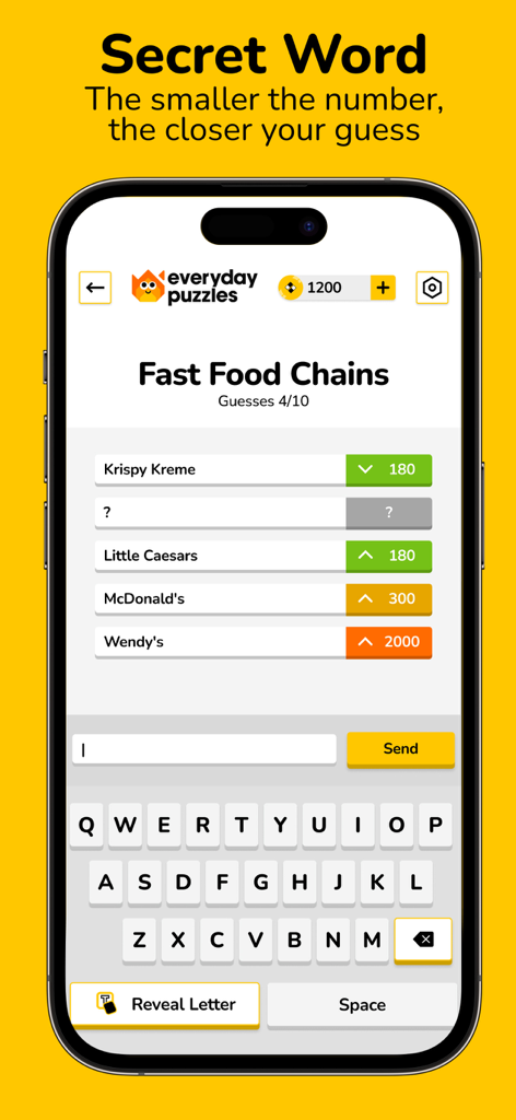Everyday Puzzles: Mini Games - Gameplay screenshot of the Secret Word mini game in the Everyday Puzzles app featuring a word guessing challenge about fast food chains