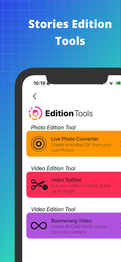 Story Studio for Instagram IG - Interface of the Story Studio app showing edition tools for Live Photos, video splitting, and Boomerang creation.