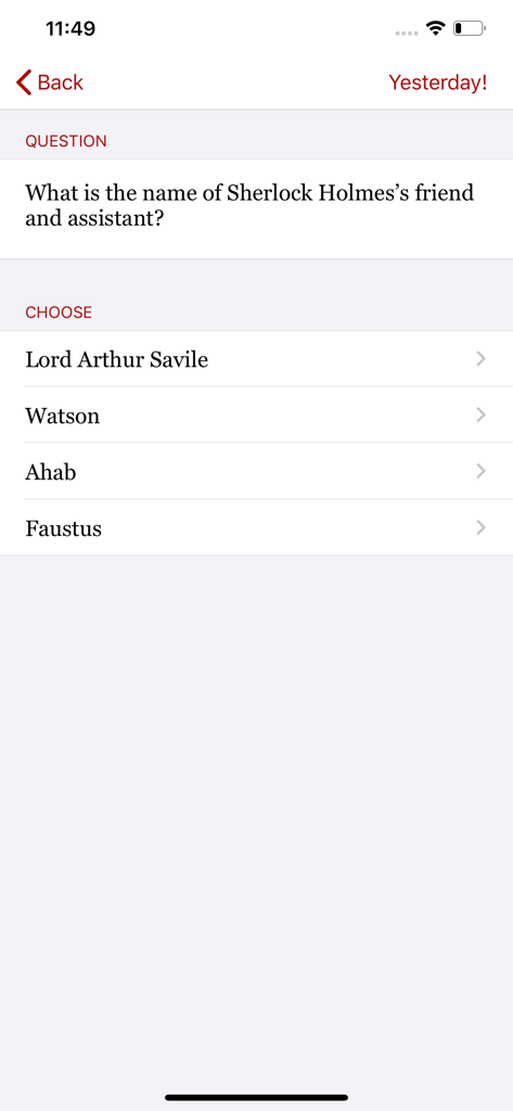 Una domanda a scelta multipla di trivia letterari su Sherlock Holmes sullo schermo dell'app A Text A Day