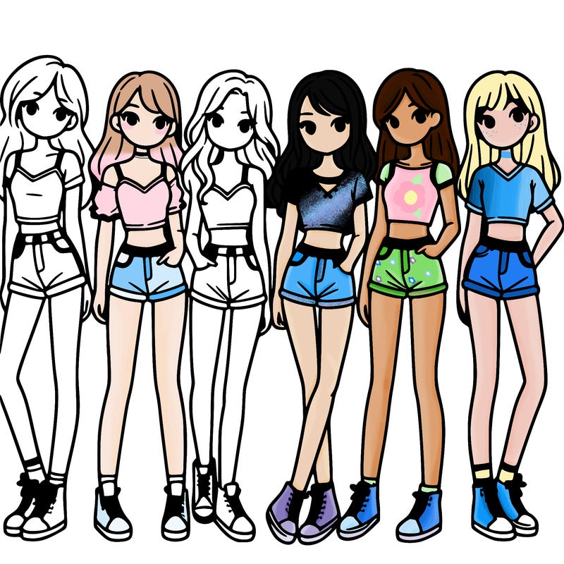 a group of girls wearing crop tops and shorts