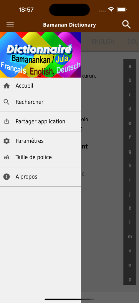 Menu de navigation de l'application de dictionnaire multilingue Bambara montrant les options de recherche, de paramètres et de taille de police.