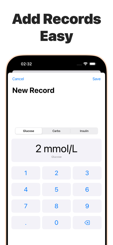 Blood Sugar Monitor & Glucose - Eine minimalistische mobile App-Oberfläche zur Eingabe eines neuen Blutzuckerwerts mit einem Ziffernblock und Messeinheiten.