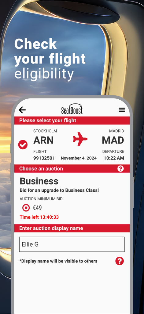 SeatBoost - SeatBoost app screen showing an eligibility check and auction for a business class flight upgrade.