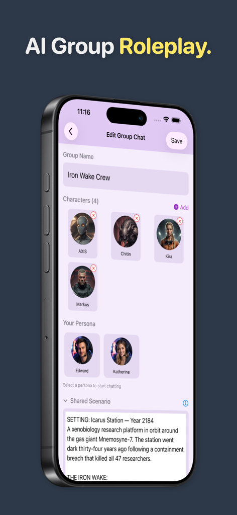 Interface of Persona Chat showing an AI group roleplay setup with characters and a shared scenario
