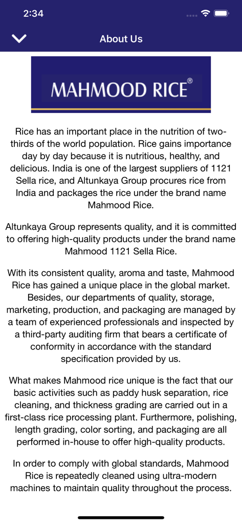 Mahmood Rice - Pantalla Acerca de Nosotros de la app Mahmood Rice describiendo la calidad y el origen del arroz Sella 1121