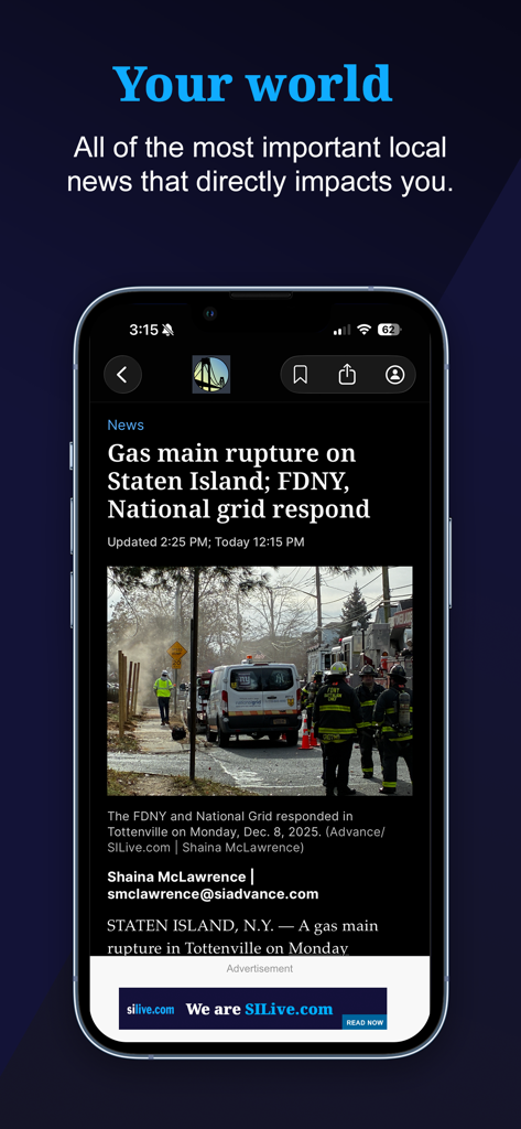SILive app showing a local news article about a gas main rupture on Staten Island with FDNY and National Grid response