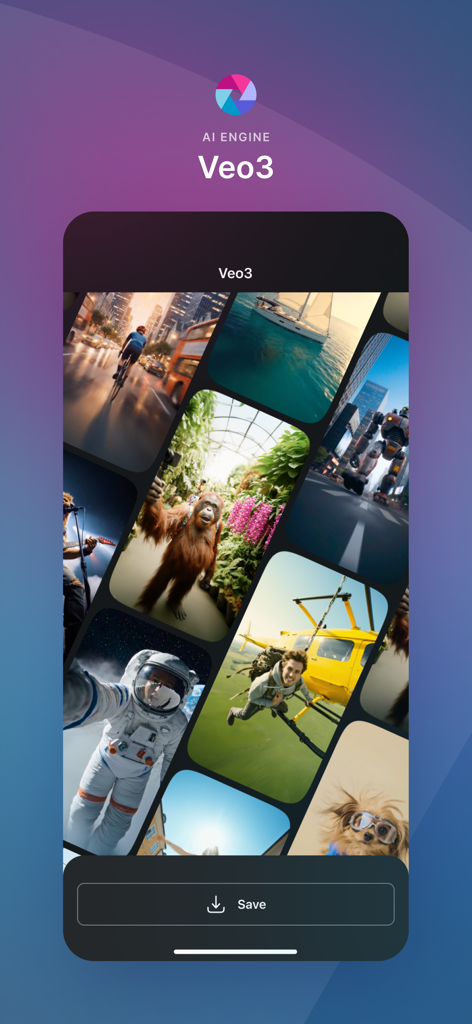 Pixlr AI Photo & Video Editor - Pixlr AI engine Veo3 interface displaying a collage of diverse AI generated images.