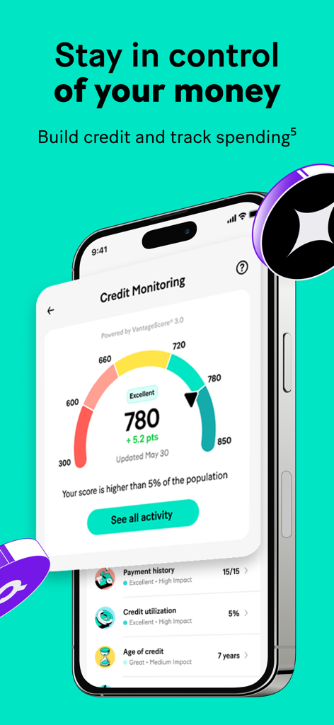 MoneyLion app interface displaying a credit monitoring dashboard with an excellent credit score of 780