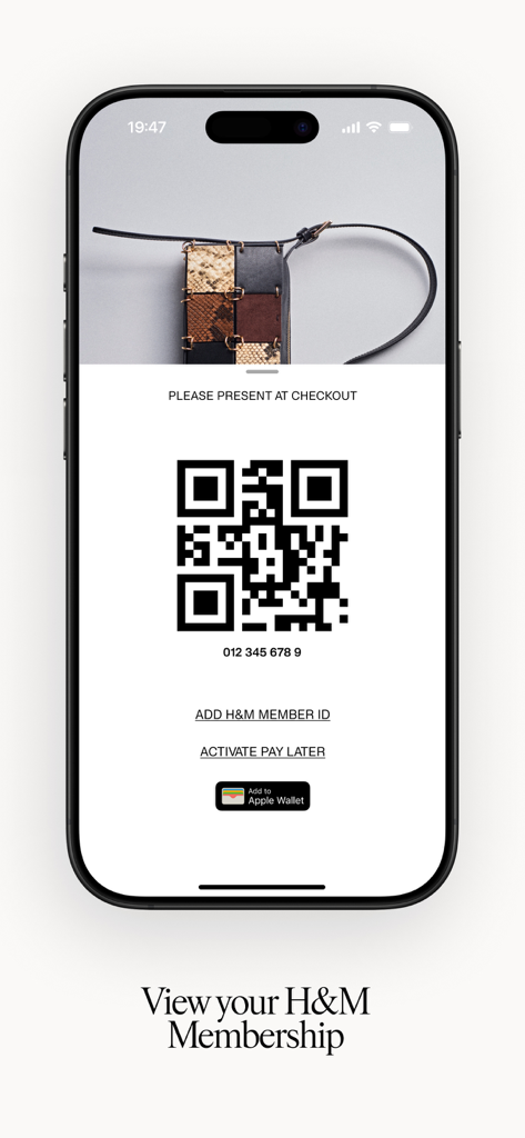 HM app screen displaying a member QR code for in-store checkout with an option to add to Apple Wallet