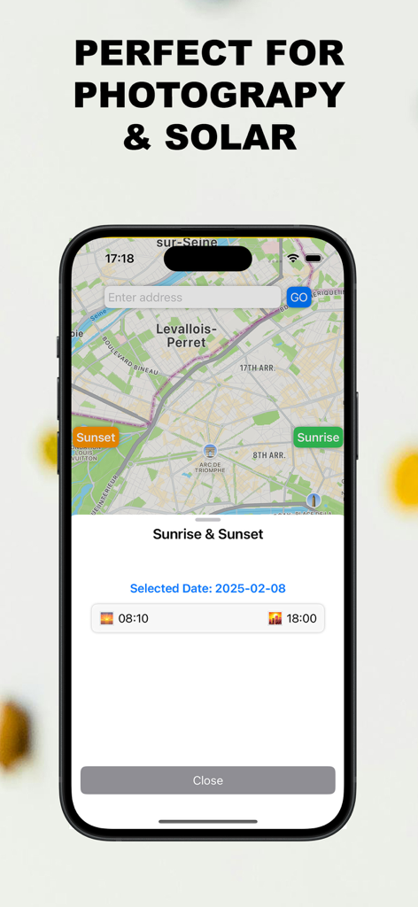 Application SunPath affichant les heures de lever et de coucher du soleil sur une carte pour la photographie et la planification solaire