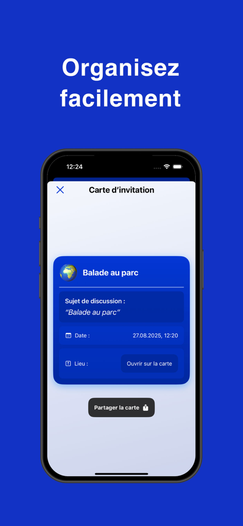 JeContacte Connect - JeContacte Connect app screen showing a digital invitation card for a park walk