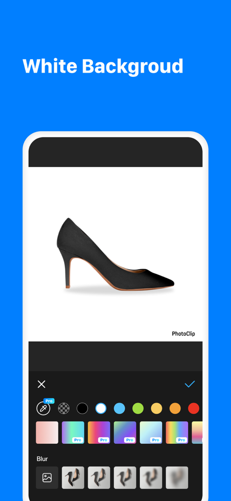 PhotoClip:AI Background Eraser - PhotoClip app interface featuring a black high heel shoe on a clean white background with editing tools.