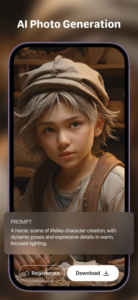 Screenshot der WallPics App, die ein KI-generiertes Porträt eines jungen Charakters mit Optionen zur Neuerstellung oder zum Herunterladen des Hintergrundbilds zeigt.