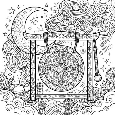 Unwind and get creative with this stunning coloring page featuring an intricately detailed gong set against a mystical night sky. Perfect for teens, this design offers a serene cosmic dreamscape to bring to life with your favorite colors.
