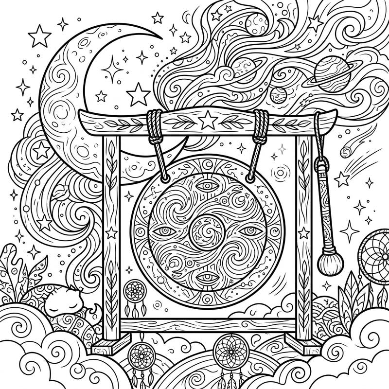 Unwind and get creative with this stunning coloring page featuring an intricately detailed gong set against a mystical night sky. Perfect for teens, this design offers a serene cosmic dreamscape to bring to life with your favorite colors.
