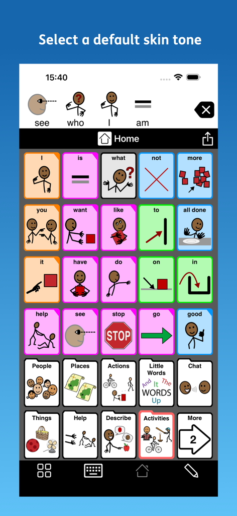 Proloquo2Go AAC - Proloquo2Go AAC app interface showing a grid of word icons and skin tone customization.