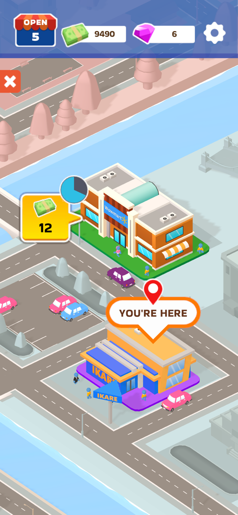 My Dream Store! - Top down city map view in My Dream Store showing different retail locations like Wowmart and IKARE