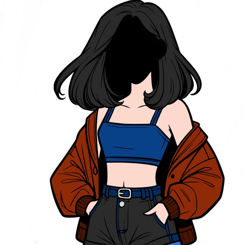 a realistic girl with a crop top and short shorts in an open jacket