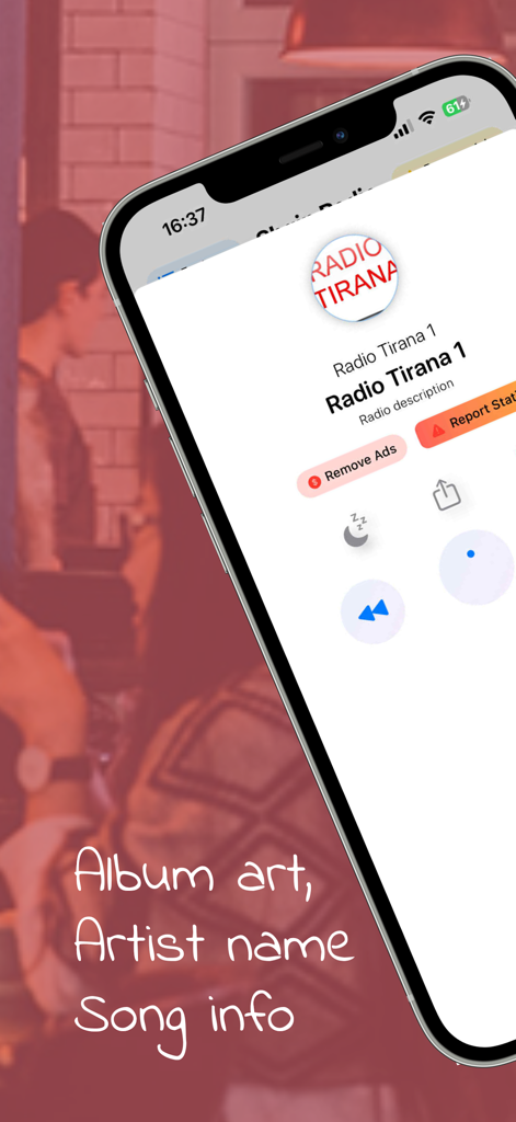 Shqip FM – Muzikë & Lajme - Shqip FM mobile app interface playing Radio Tirana 1 with music controls
